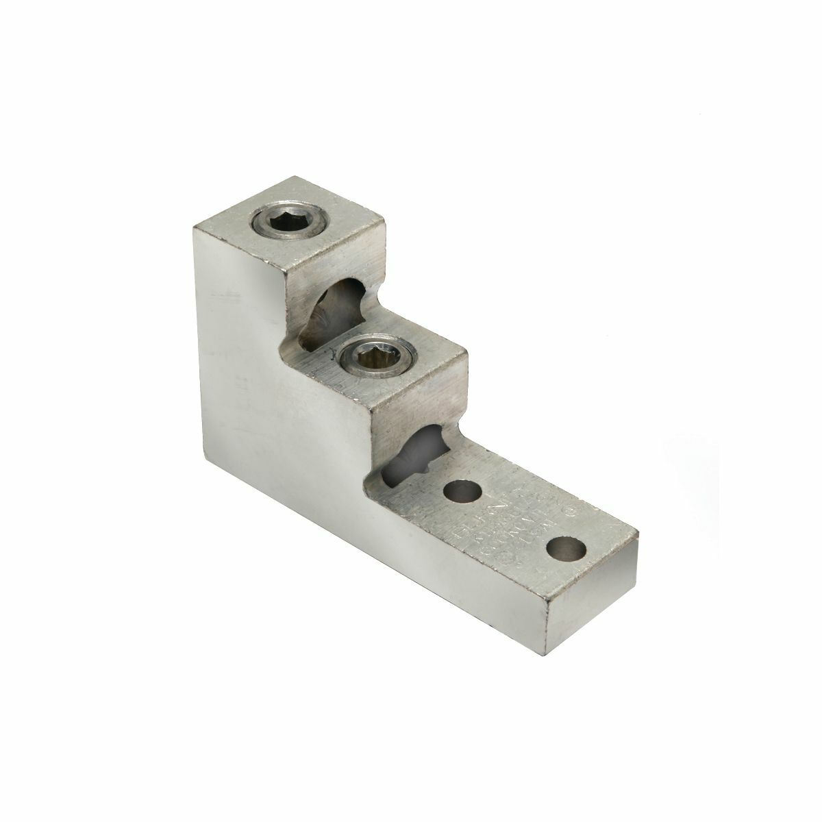 Aluminum Universal Terminal, 2 Hole, Two: 1/0 AWG (Str)-750 kcmil, 3/8" Stud, 1.38" Stud Hole Spacing, 2 Screws, Al/Cu Rated, Tin Plated.