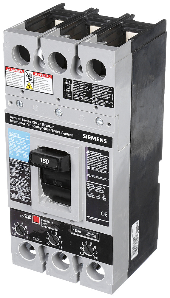  LOW VOLTAGE SENTRON MOLDED CASE CIRCUIT BREAKER WITH THERMAL - MAGNETICTRIP UNIT. ASSEMBLED STANDARD 40 DEG C BREAKER FD FRAME WITH STANDARD BREAKING CAPACITY. 150A 3-POLE (22KAIC AT 600V) (35KAIC AT 480V). NON-INTERCHANGEABLE TRIP UNIT. SPECIAL FEATURES NO LUGS INSTALLED. DIMENSIONS (W x H x D) IN 4.50 x 9.5x 4.00.