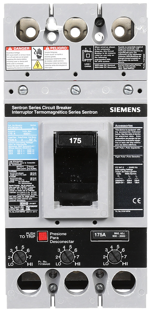  LOW VOLTAGE SENTRON MOLDED CASE CIRCUIT BREAKER WITH THERMAL - MAGNETICTRIP UNIT. ASSEMBLED STANDARD 40 DEG C BREAKER FD FRAME WITH STANDARD BREAKING CAPACITY. 175A 3-POLE (22KAIC AT 600V) (35KAIC AT 480V). NON-INTERCHANGEABLE TRIP UNIT. SPECIAL FEATURES NO LUGS INSTALLED. DIMENSIONS (W x H x D) IN 4.50 x 9.5x 4.00.