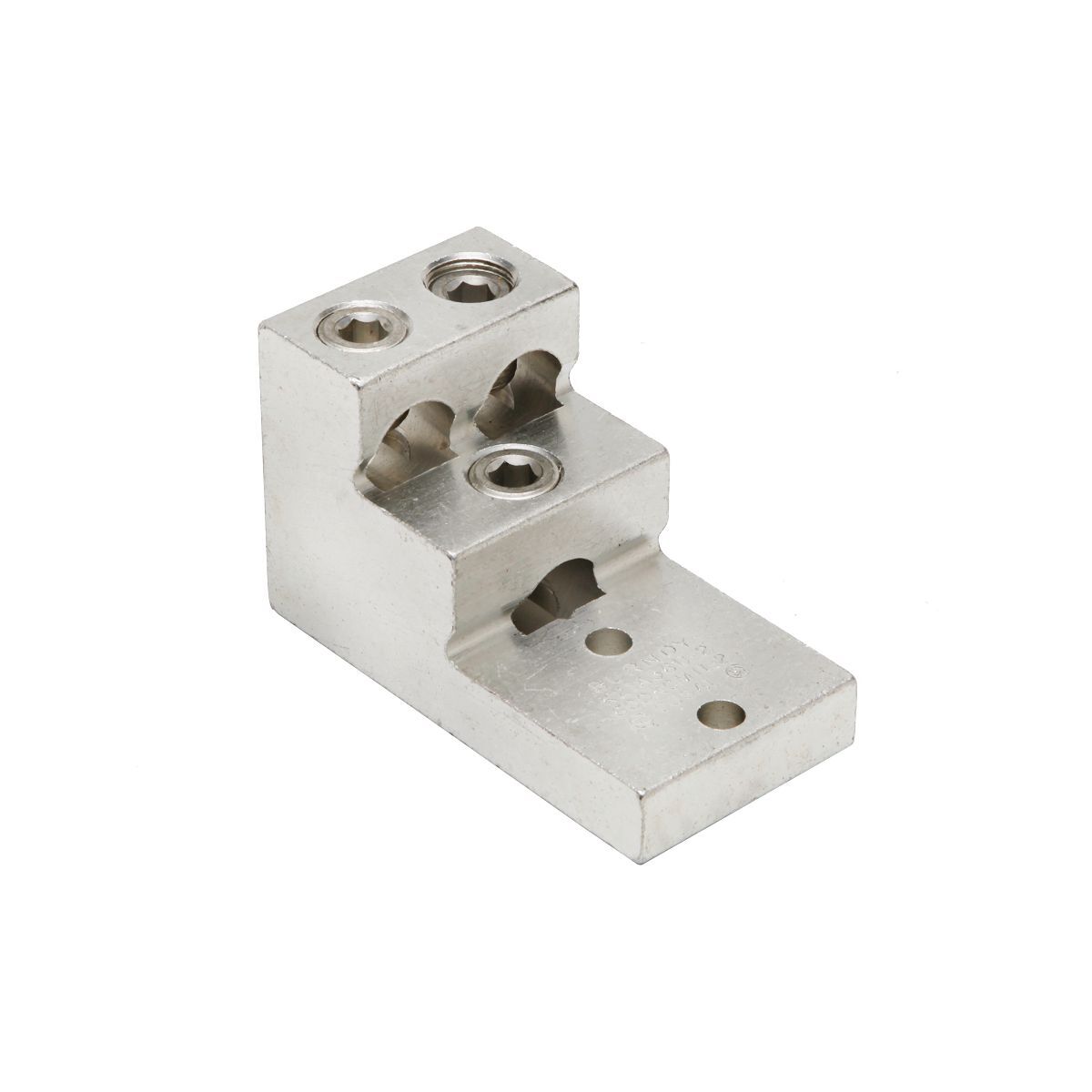 Aluminum Universal Terminal, 2 Hole, Three: 2 AWG (Str)-600 kcmil, 3/8" Stud, 1.38" Stud Hole Spacing, 3 Screws, Al/Cu Rated, Tin Plated.