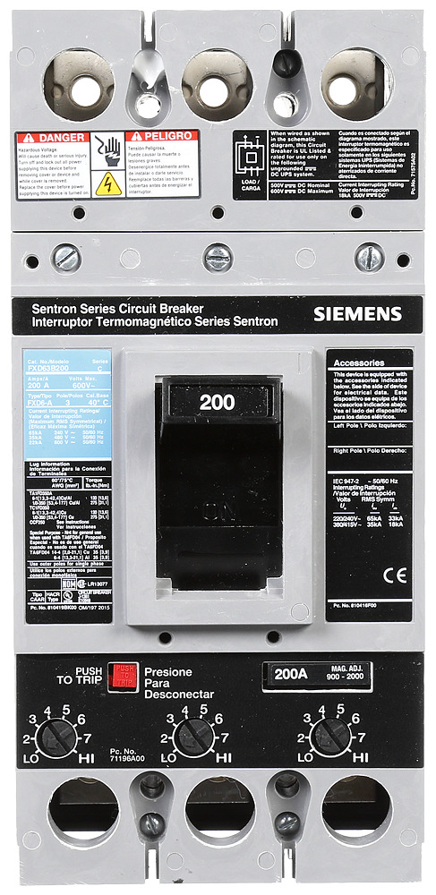  LOW VOLTAGE SENTRON MOLDED CASE CIRCUIT BREAKER WITH THERMAL - MAGNETICTRIP UNIT. ASSEMBLED STANDARD 40 DEG C BREAKER FD FRAME WITH STANDARD BREAKING CAPACITY. 200A 3-POLE (22KAIC AT 600V) (35KAIC AT 480V). NON-INTERCHANGEABLE TRIP UNIT. SPECIAL FEATURES NO LUGS INSTALLED. DIMENSIONS (W x H x D) IN 4.50 x 9.5x 4.00.