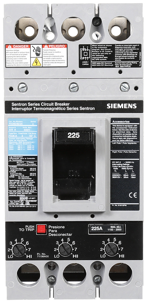  LOW VOLTAGE SENTRON MOLDED CASE CIRCUIT BREAKER WITH THERMAL - MAGNETICTRIP UNIT. ASSEMBLED STANDARD 40 DEG C BREAKER FD FRAME WITH STANDARD BREAKING CAPACITY. 225A 3-POLE (22KAIC AT 600V) (35KAIC AT 480V). NON-INTERCHANGEABLE TRIP UNIT. SPECIAL FEATURES NO LUGS INSTALLED. DIMENSIONS (W x H x D) IN 4.50 x 9.5x 4.00.
