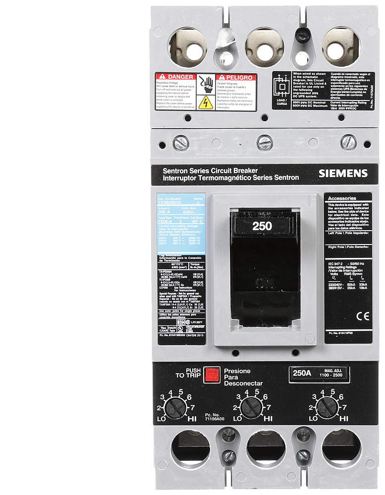  LOW VOLTAGE SENTRON MOLDED CASE CIRCUIT BREAKER WITH THERMAL - MAGNETICTRIP UNIT. ASSEMBLED STANDARD 40 DEG C BREAKER FD FRAME WITH STANDARD BREAKING CAPACITY. 250A 3-POLE (22KAIC AT 600V) (35KAIC AT 480V). NON-INTERCHANGEABLE TRIP UNIT. SPECIAL FEATURES NO LUGS INSTALLED. DIMENSIONS (W x H x D) IN 4.50 x 9.5x 4.00.