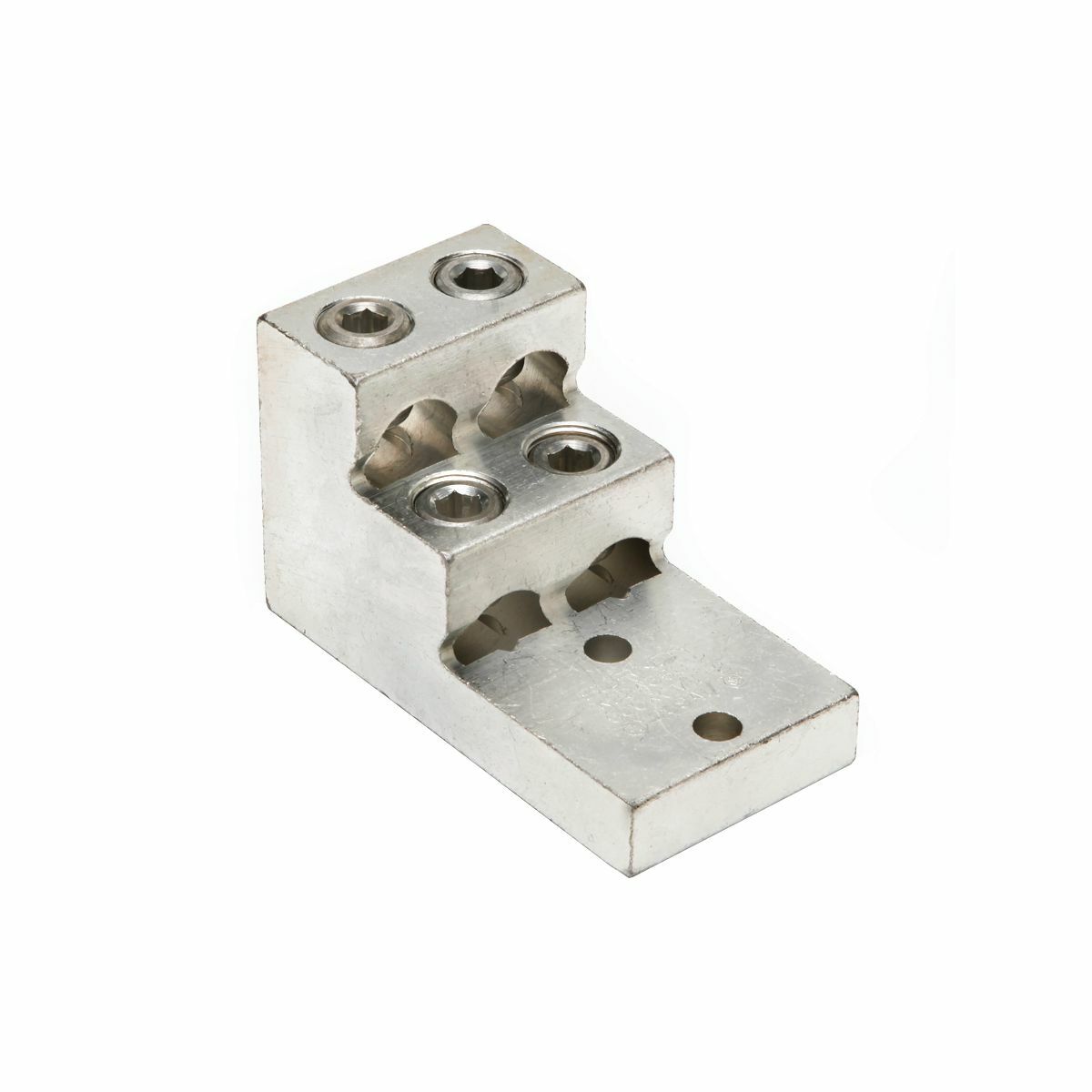 Aluminum Universal Terminal, 2 Hole, Four: 2 AWG (Str)-600 kcmil, 3/8" Stud, 1.38" Stud Hole Spacing, 4 Screws, Al/Cu Rated, Tin Plated.
