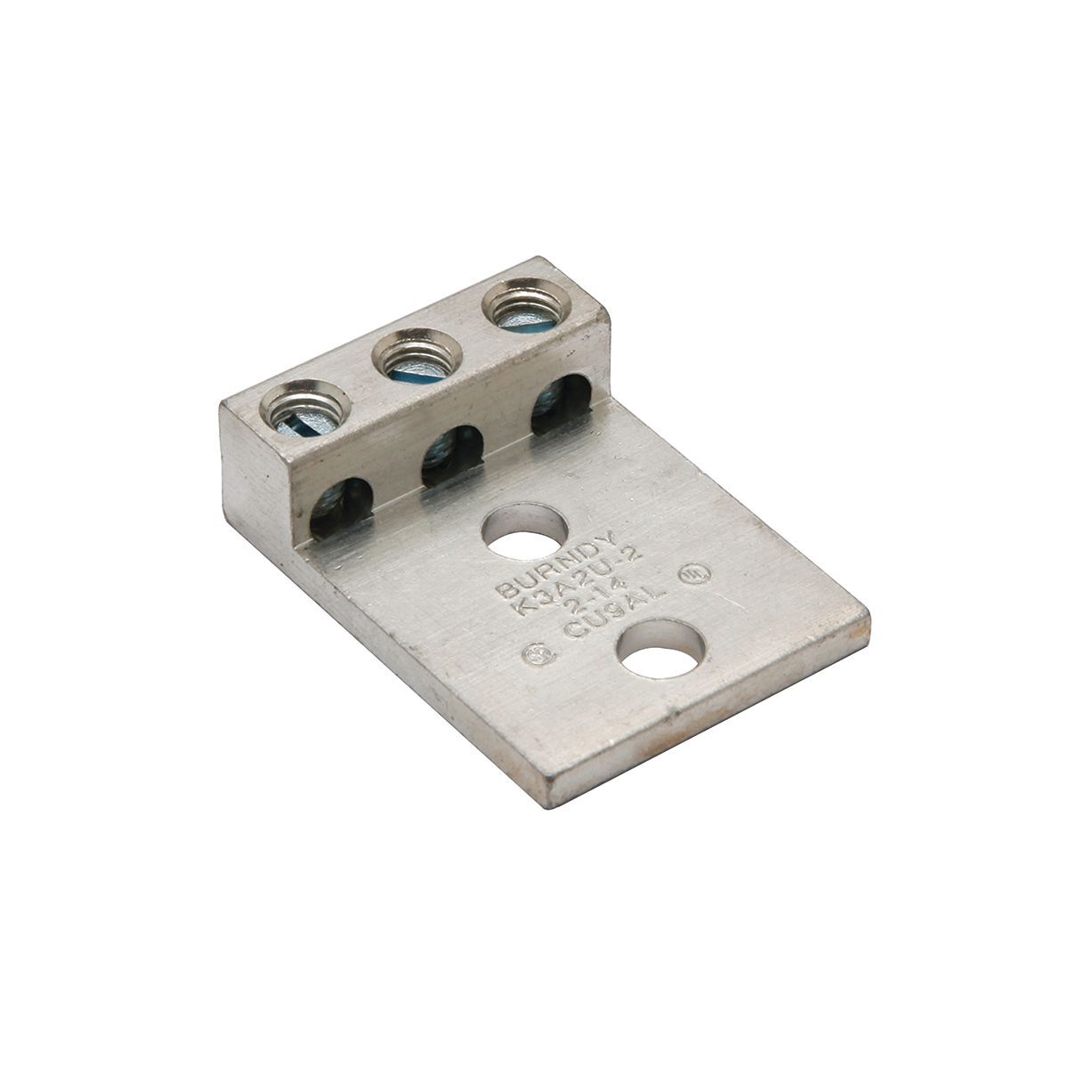 Aluminum Universal Terminal, 3 Conductor, 2 Hole, 14-2 AWG (Str), 5/16" Stud, .88" Stud Hole Spacing, 3 Screws, Al/Cu Rated, Tin Plated.