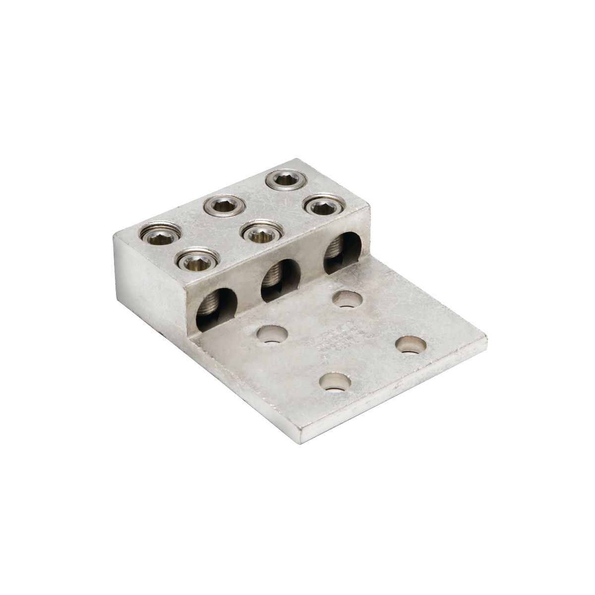 Aluminum Universal Terminal, 3 Conductor, 4 Hole, 2 AWG (Str)-600 kcmil, 1/2" Stud, 1.75" Stud Hole Spacing, 6 Screws, Al/Cu Rated, Tin Plated.
