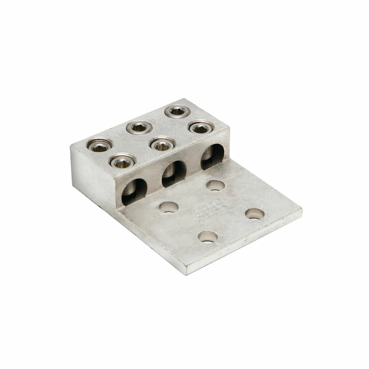 Aluminum Universal Terminal, 3 Conductor, 4 Hole, 350-800 kcmil, 1/2" Stud, 1.75" Stud Hole Spacing, 6 Screws, Al/Cu Rated, Tin Plated.