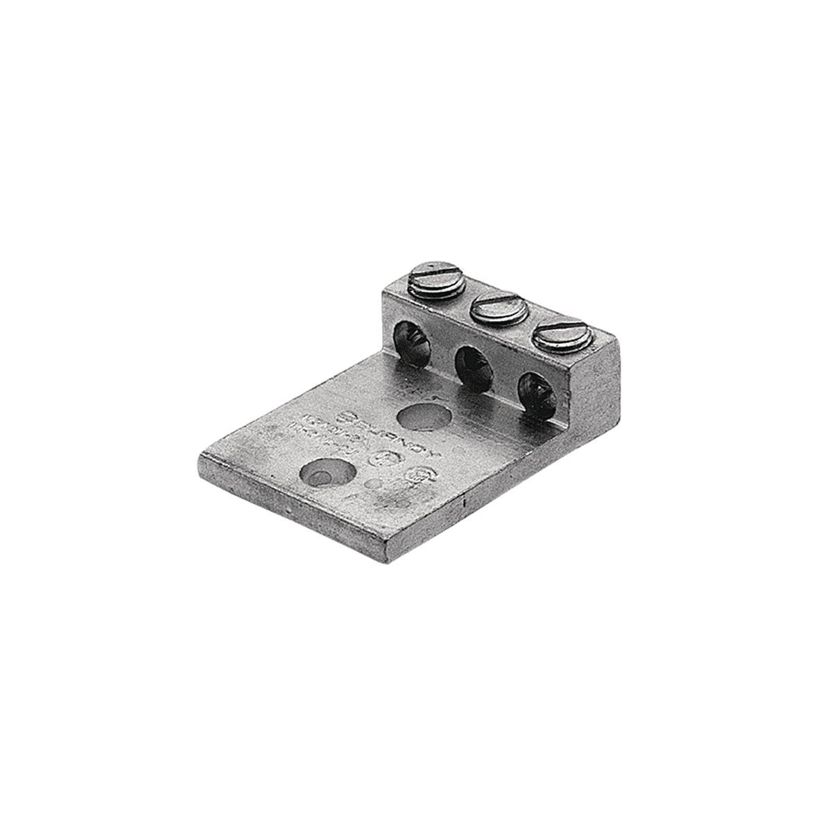 Aluminum Universal Terminal, 3 Conductor, 2 Hole, 14-1/0 AWG (Str), 3/8" Stud, 1" Stud Hole Spacing, 3 Screws, Al/Cu Rated, Tin Plated.