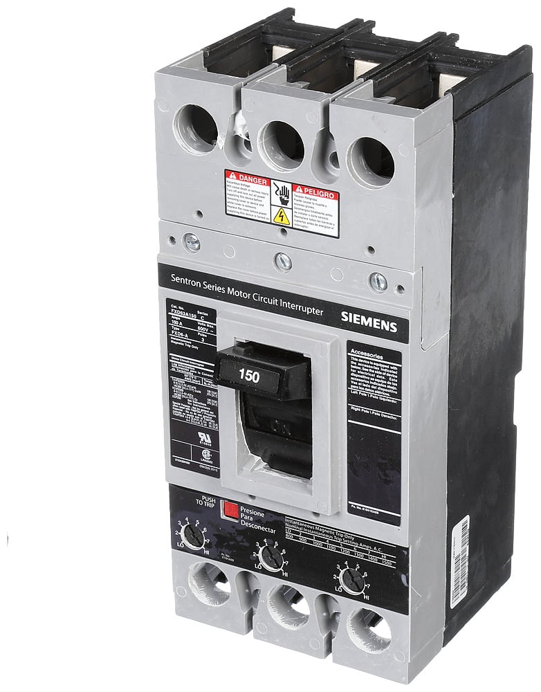  LOW VOLTAGE SENTRON MOLDED CASE CIRCUIT BREAKER WITH MAGNETIC TRIP ONLYUNIT. STANDARD RANGE ETI BREAKER FD FRAME WITH STAND ARDBREAKING CAPACITY AND NON INTERCHANGEABLE TRIP. MEETS UL 489 / IEC60947-2 STANDARDS. 150A 3-POLE BREAKER (22KAIC AT 600V) (35KAIC AT480V). SPECIAL FEATURES NO LUGS INSTALLED. DIMENSIONS (W x H x D) IN 4.5 x 9.5 x 4._____________________________________________ ___________________________
