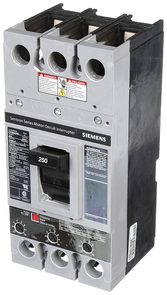  LOW VOLTAGE SENTRON MOLDED CASE CIRCUIT BREAKER WITH MAGNETIC TRIP ONLYUNIT. STANDARD RANGE ETI BREAKER FD FRAME WITH STAND ARDBREAKING CAPACITY AND NON INTERCHANGEABLE TRIP. MEETS UL 489 / IEC60947-2 STANDARDS. 250A 3-POLE BREAKER (22KAIC AT 600V) (35KAIC AT480V). SPECIAL FEATURES NO LUGS INSTALLED. DIMENSIONS (W x H x D) IN 4.5 x 9.5 x 4._____________________________________________ ___________________________