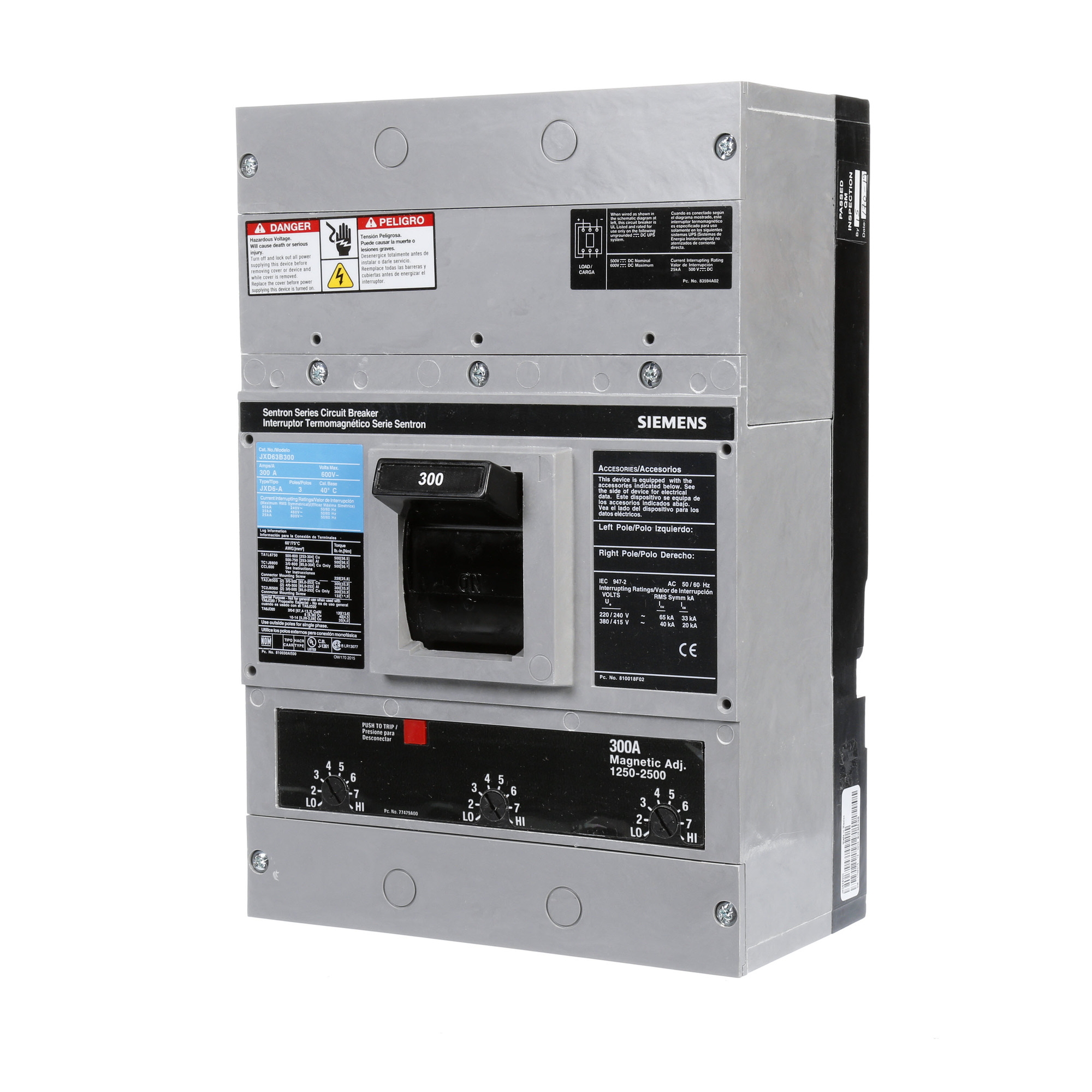  LOW VOLTAGE SENTRON MOLDED CASE CIRCUIT BREAKER WITH THERMAL - MAGNETICTRIP UNIT. ASSEMBLED STANDARD 40 DEG C BREAKER JD FRAME WITH STANDARD BREAKING CAPACITY. 300A 3-POLE (25KAIC AT 600V) (35KAIC AT 480V). NON-INTERCHANGEABLE TRIP UNIT. SPECIAL FEATURES NO LUGS INSTALLED. DIMENSIONS (W x H x D) IN 7.50 x 11.0 x 4.00.