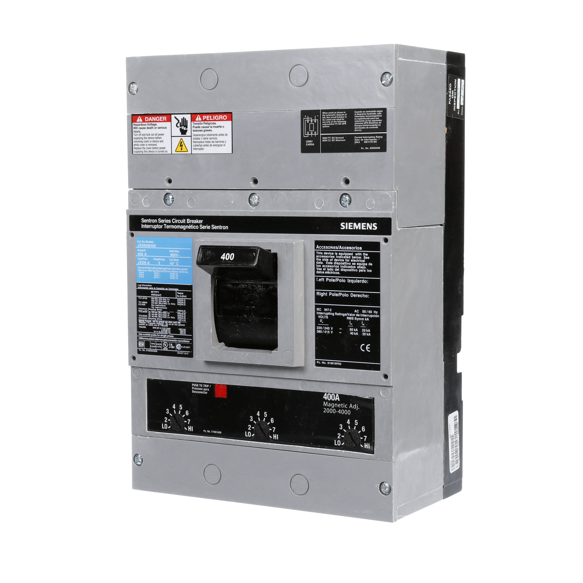  LOW VOLTAGE SENTRON MOLDED CASE CIRCUIT BREAKER WITH THERMAL - MAGNETICTRIP UNIT. ASSEMBLED STANDARD 40 DEG C BREAKER JD FRAME WITH STANDARD BREAKING CAPACITY. 400A 3-POLE (25KAIC AT 600V) (35KAIC AT 480V). NON-INTERCHANGEABLE TRIP UNIT. SPECIAL FEATURES NO LUGS INSTALLED. DIMENSIONS (W x H x D) IN 7.50 x 11.0 x 4.00.