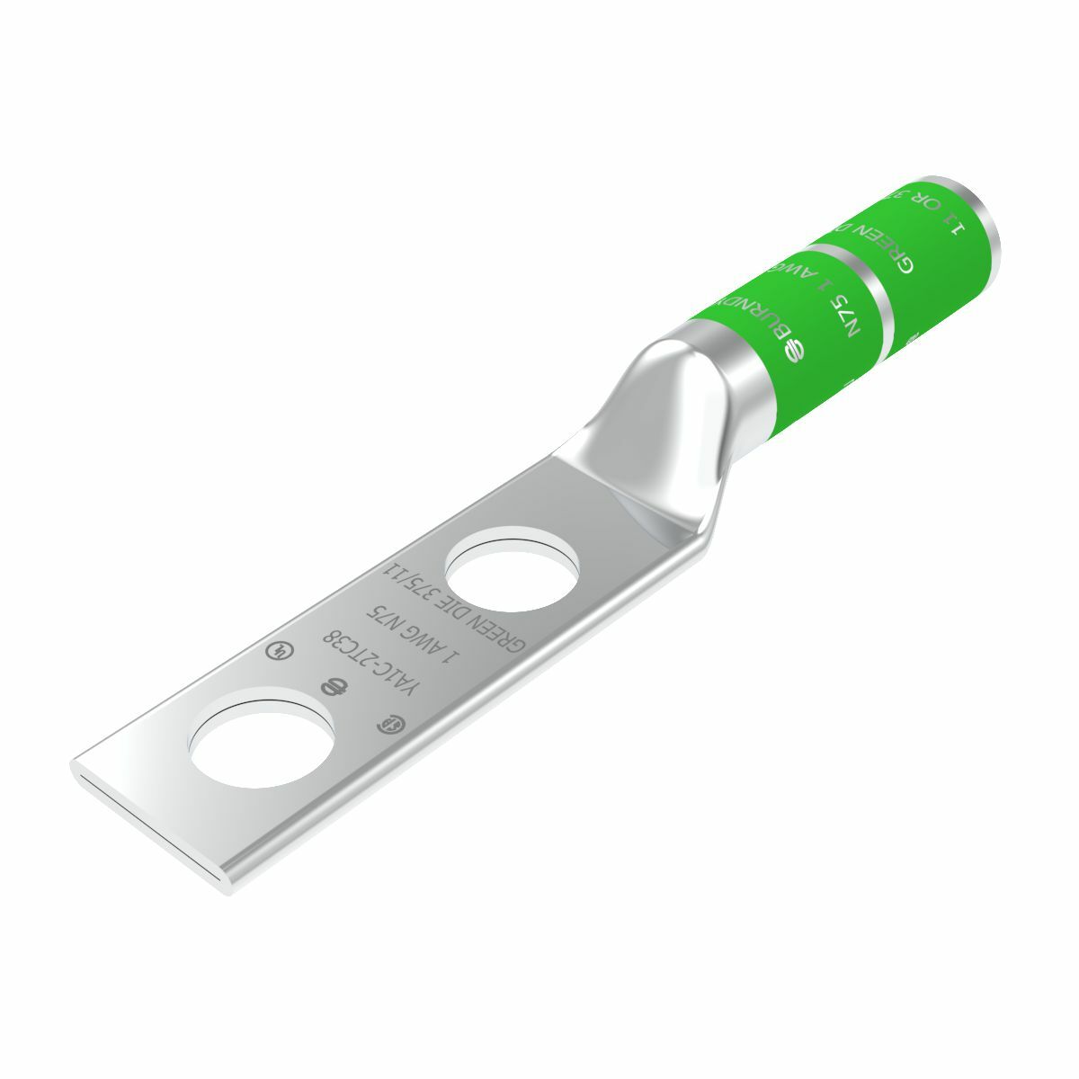 1 AWG CU, Two Hole, 1/2 Stud Size, 1-3/4 Hole Spacing, Long Barrel Internal Chamfer, Tin Plated, UL/CSA, 90?C, Up to 35kV, Green Color Code, 11 or 375 Die Index.