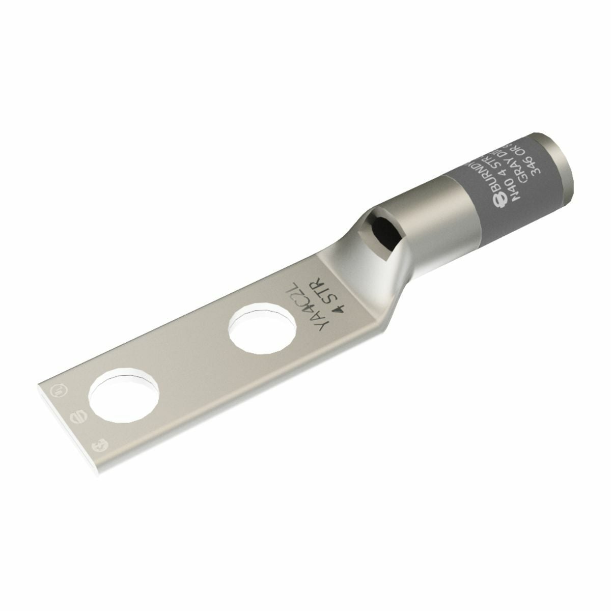 Cu Comp Terminal Code Cond, Bvl Entry, 2 Hole W/InspWindow, #4 AWG Str Code, 40 Navy, 600 V-35 kV, 1/4" Stud, 0.62" Spacing, Standard Barrel, Gray, 8 or 346 Index.
