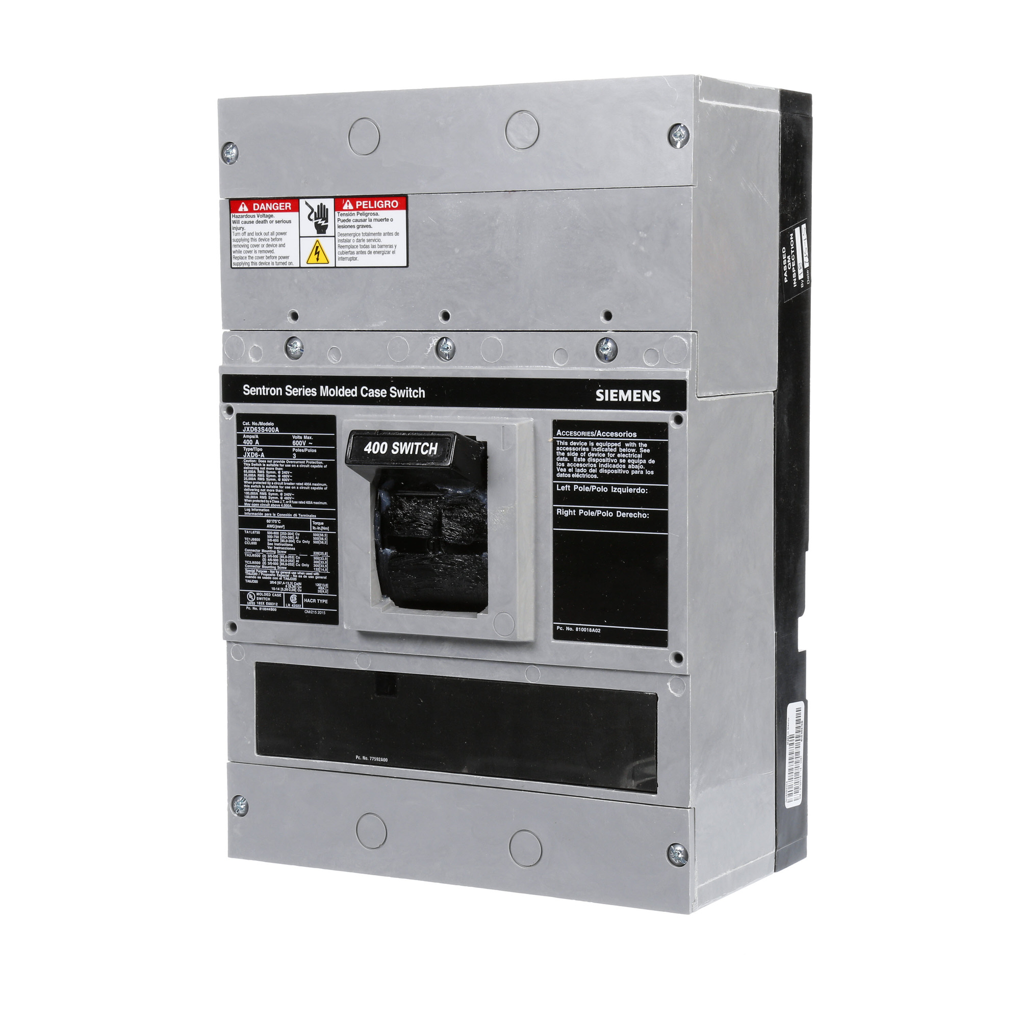  LOW VOLTAGE SENTRON MOLDED CASE CIRCUIT BREAKER WITH MAGNETIC ONLY TRIPUNIT. ASSEMBLED MOLDED CASE SWITCH (BREAKER) JD FRAME WITH STANDARD BREAKING CAPACITY. 400A 3-POLE 600V 6000A SELF-PROTECTIVE INSTANTANEOUS OVERRIDE. NON-INTERCHANGEABLE TRIP UNIT. SPECIAL FEATURES NO LUGS INSTALLED. DIMENSIONS (W x H x D)IN 7.50 x 11.0 x 4.00.