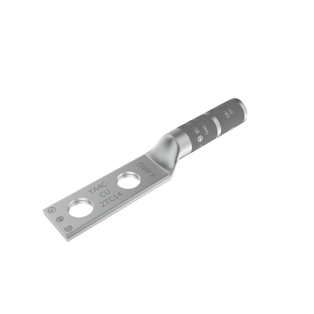 4 AWG CU, Two Hole, 1/2 Stud Size, 1-3/4 Hole Spacing, Long Barrel Internal Chamfer, Tin Plated, UL/CSA, 90?C, Up to 35kV, Gray Color Code, 8 or 346 Die Index.
