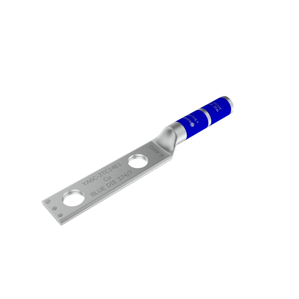 6 AWG CU, Two Hole, 1/2 Stud Size, 1-3/4 Hole Spacing, Long Barrel Internal Chamfer, Tin Plated, UL/CSA, 90?C, Up to 35kV, Blue Color Code, 7 or 374 Die Index.