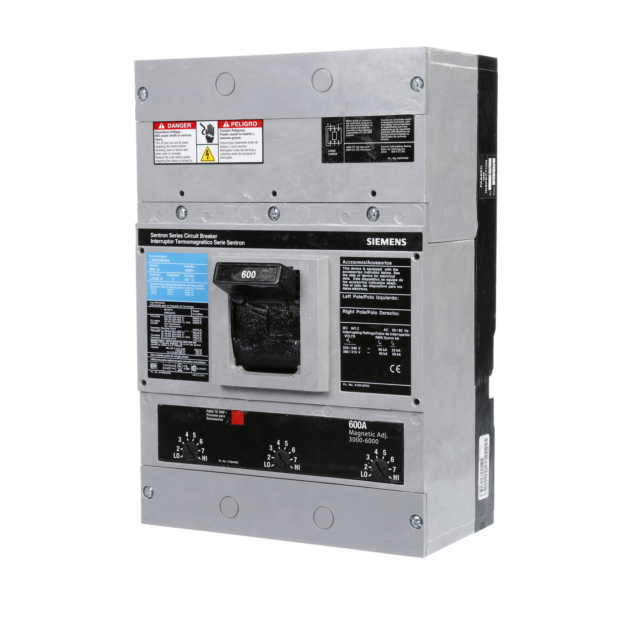  LOW VOLTAGE SENTRON MOLDED CASE CIRCUIT BREAKER WITH THERMAL - MAGNETICTRIP UNIT. ASSEMBLED STANDARD 40 DEG C BREAKER LD FRAME WITH STANDARD BREAKING CAPACITY. 600A 3-POLE (25KAIC AT 600V) (35KAIC AT 480V). NON-INTERCHANGEABLE TRIP UNIT. SPECIAL FEATURES NO LUGS INSTALLED. DIMENSIONS (W x H x D) IN 7.50 x 11.0 x 4.00.