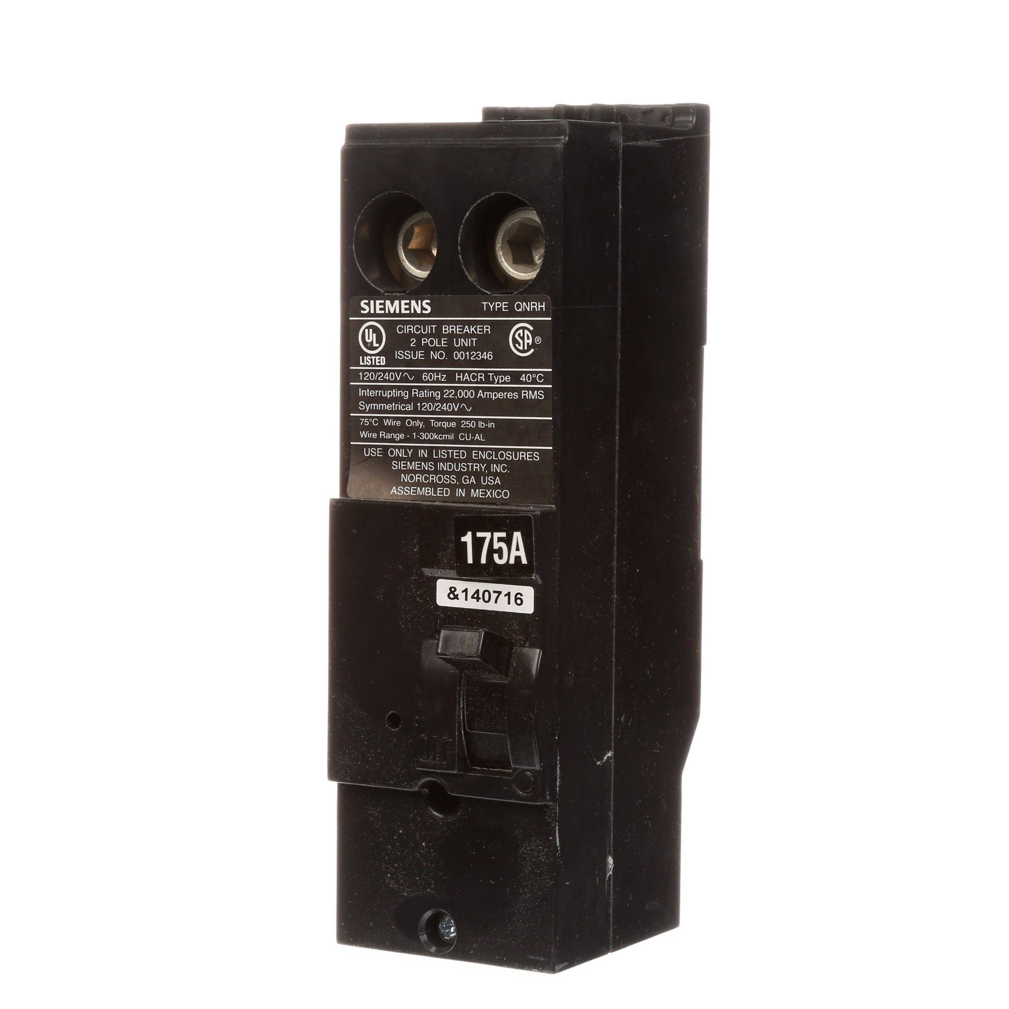  Low Voltage Residential Circuit Breakers Main Breakers - Branch Main Breaker Reversible are Circuit Protection Load Center Mains, Feeders, and Miniature Circuit Breakers. Type QNRH Application Electrical Distribution Standard UL 489 Voltage Rating 120/240V Amperage Rating 175A Trip Range Thermal Magnetic Interrupt Rating 22 AIC Number Of Poles 2P