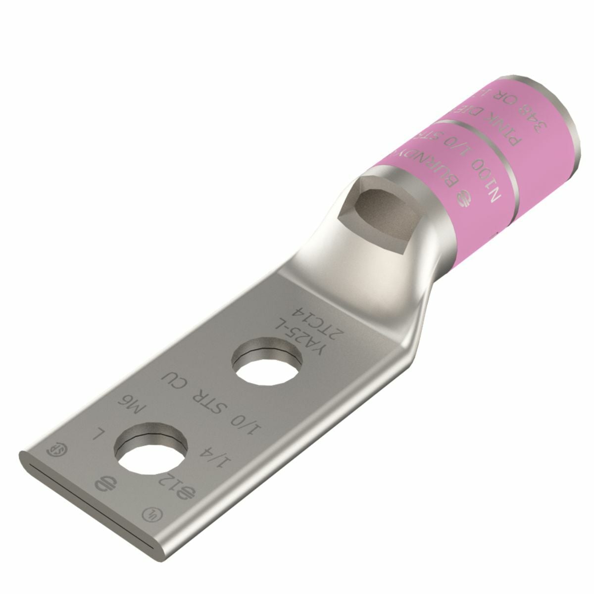 1/0 AWG CU, Two Hole, 1/2 Stud Size, 1-3/4 Hole Spacing, Standard Barrel, Inspection Window, Internal Chamfer, Tin Plated, UL/CSA, 90?C, Up to 35kV, Pinnk Color Code, 12 or 348 Die Index.
