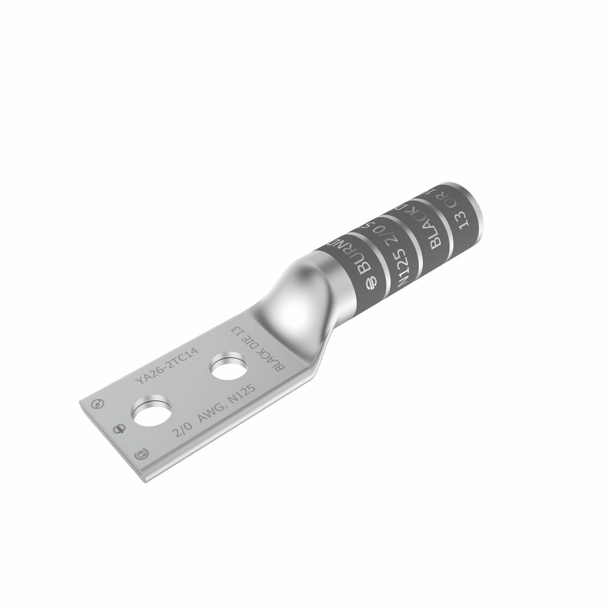 2/0 AWG CU, Two Hole, 3/8 Stud Size, 1 Hole Spacing, Long Barrel Internal Chamfer, Tin Plated, UL/CSA, 90?C, Up to 35kV, Black Color Code, 13 Die Index.