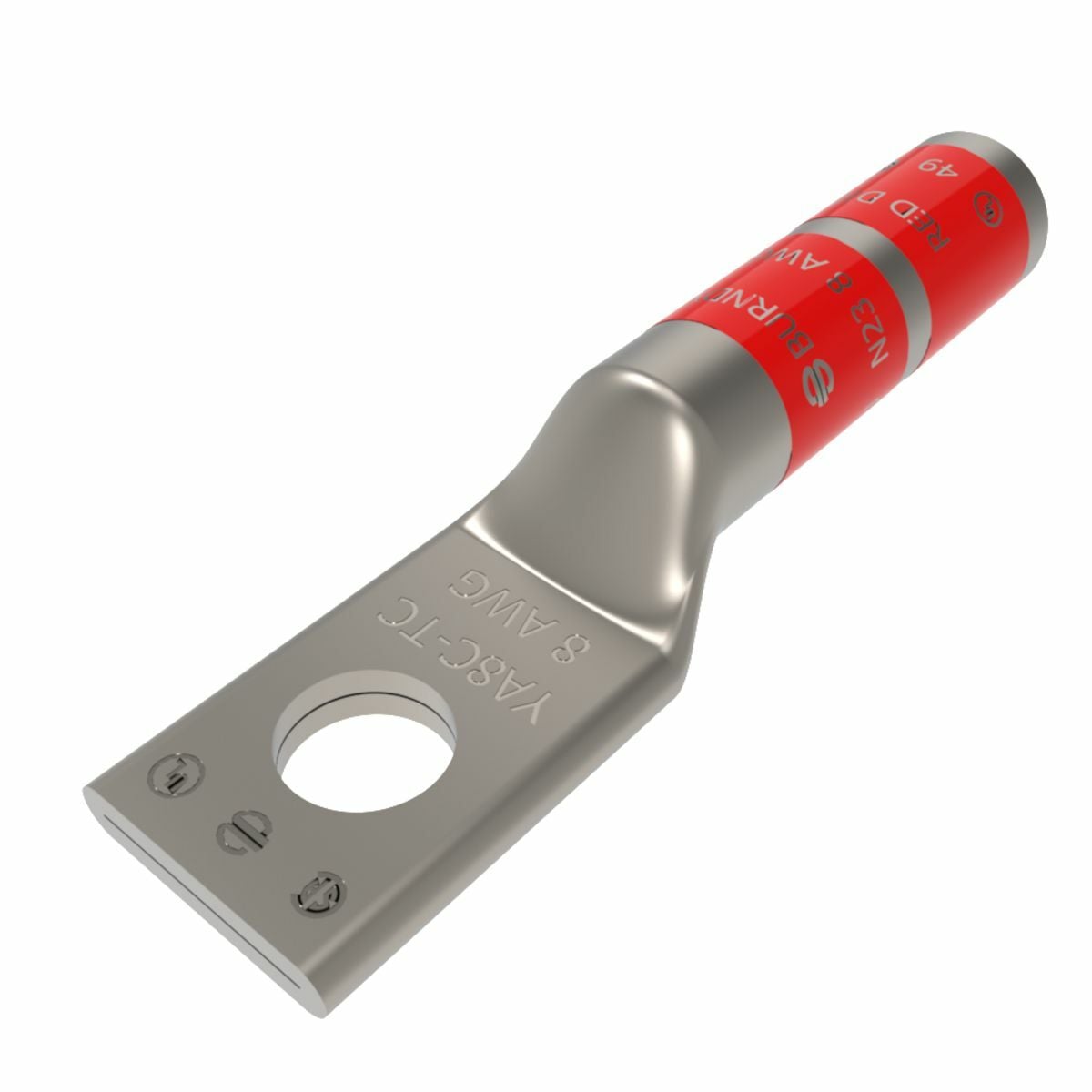 8 AWG CU, One Hole, 1/4 Stud Size, Long Barrel, Internal Chamfer, Tin Plated, UL/CSA, 90?C, Up to 35kV,RED Color Code, 49 Die Index.