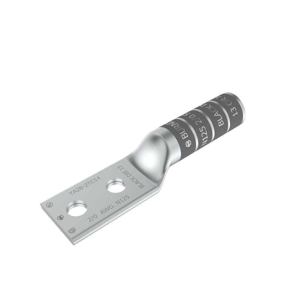 2/0 AWG CU, Two Hole, 1/2 Stud Size, 1-3/4 Hole Spacing, Long Barrel Internal Chamfer, Tin Plated, UL/CSA, 90?C, Up to 35kV, Black Color Code, 13 Die Index.