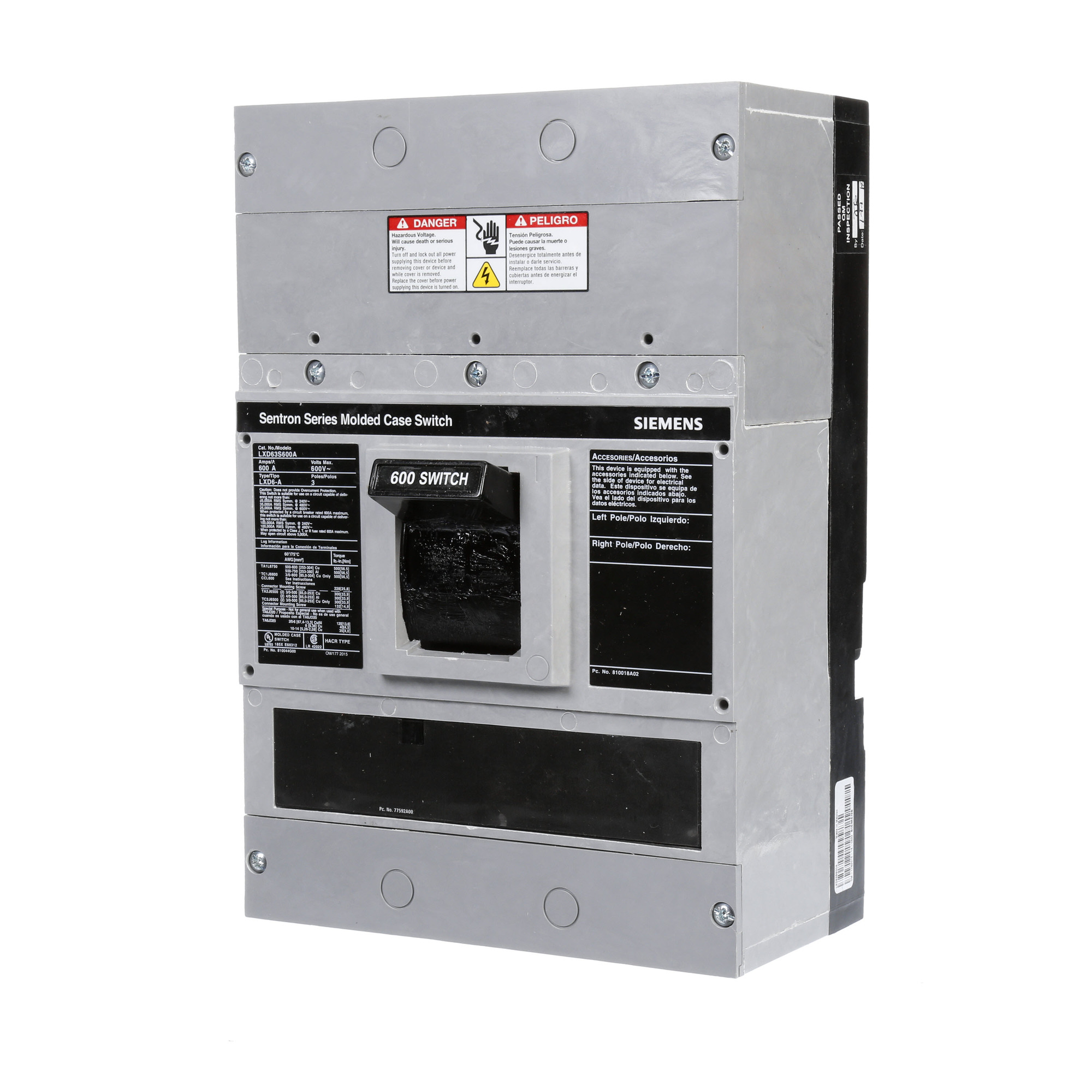  LOW VOLTAGE SENTRON MOLDED CASE CIRCUIT BREAKER WITH MAGNETIC ONLY TRIPUNIT. ASSEMBLED MOLDED CASE SWITCH (BREAKER) LD FRAME WITH STANDARD BREAKING CAPACITY. 600A 3-POLE 600V 6000A SELF-PROTECTIVE INSTANTANEOUS OVERRIDE. NON-INTERCHANGEABLE TRIP UNIT. SPECIAL FEATURES NO LUGS INSTALLED. DIMENSIONS (W x H x D)IN 7.50 x 11.0 x 4.00.