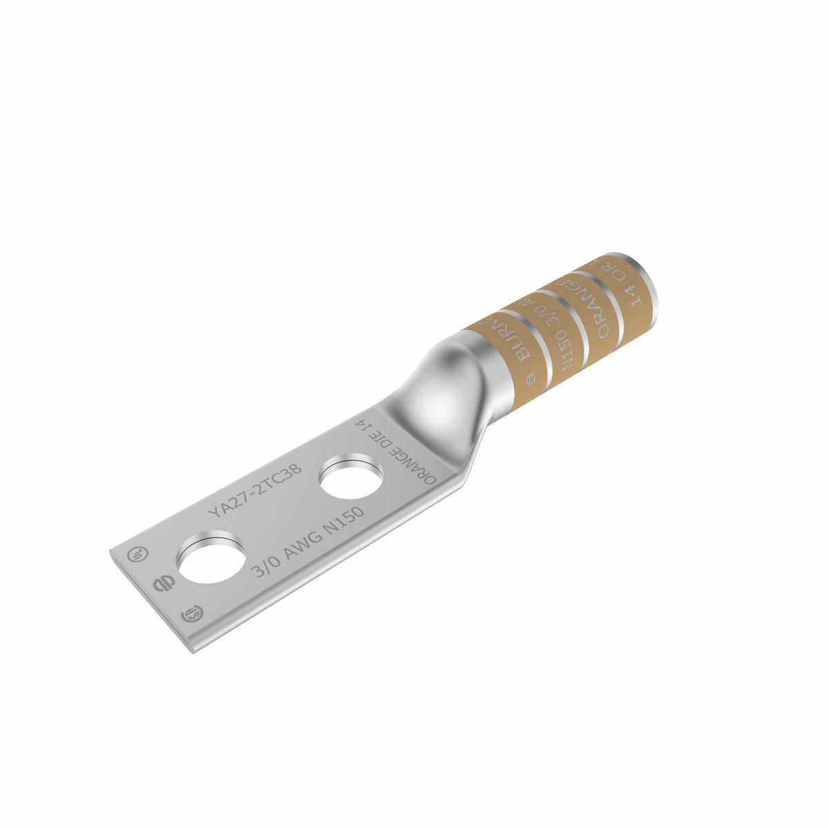 3/0 AWG CU, Two Hole, 1/2 Stud Size, 1-3/4 Hole Spacing, Long Barrel Internal Chamfer, Tin Plated, UL/CSA, 90?C, Up to 35kV, Orange Color Code, 14 Die Index.