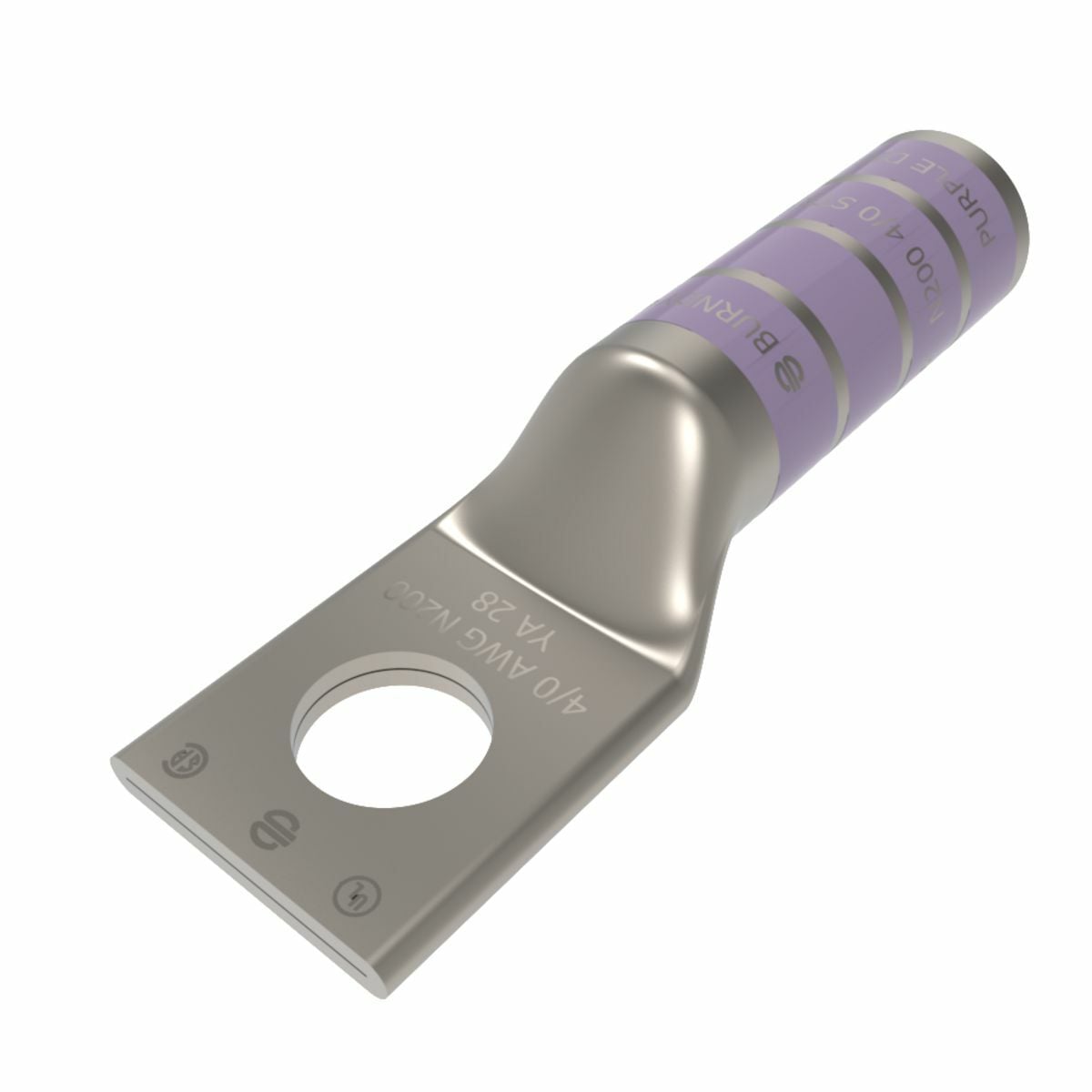 4/0 AWG CU, One Hole, 1/2 Stud Size, Long Barrel, Internal Chamfer, Tin Plated, UL/CSA, 90?C, Up to 35kV,PURPLE Color Code, 15 Die Index.