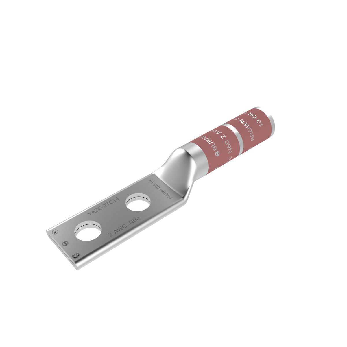 2 AWG CU, Two Hole, 3/8 Stud Size, 1 Hole Spacing, Long Barrel Internal Chamfer, Tin Plated, UL/CSA, 90?C, Up to 35kV, Brown Color Code, 10 Die Index.