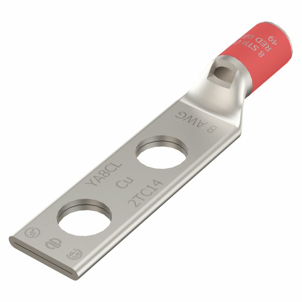 8 AWG CU, Two Hole, #10 Stud Size, 5/8 Hole Spacing, Standard Barrel, Inspection Window, Internal Chamfer, Tin Plated, UL/CSA, 90?C, Up to 35kV, Red Color Code, 49 Die Index.