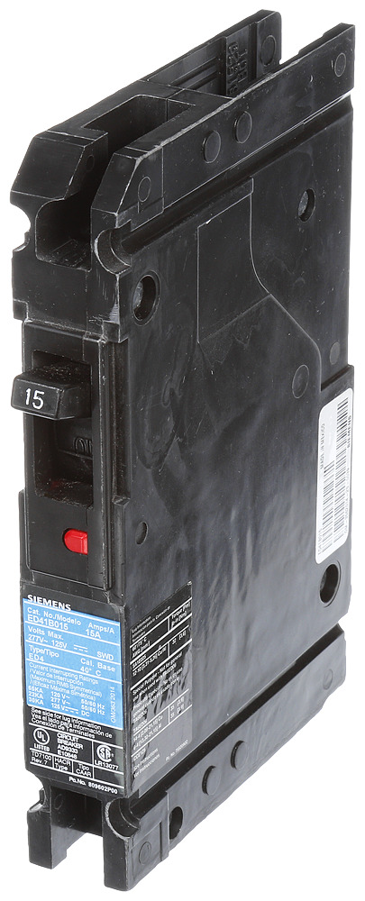  LOW VOLTAGE SENTRON MOLDED CASE CIRCUIT BREAKER WITH THERMAL - MAGNETICTRIP UNIT. STANDARD 40 DEG C BREAKER ED FRAME WITH STANDARD BREAKING CAPACITY. 15A 1-POLE (22KAIC AT 277V). NON-INTERCHANGEABLE TRIP UNIT. SPECIAL FEATURES LOAD LUGS ONLY (SA1E025) WIRE RANGE 14 - 10AWG (CU) / 12 - 10AWG (AL). DIMENSIONS (W x H x D) IN 1.00 x 6.4 x 3.92.