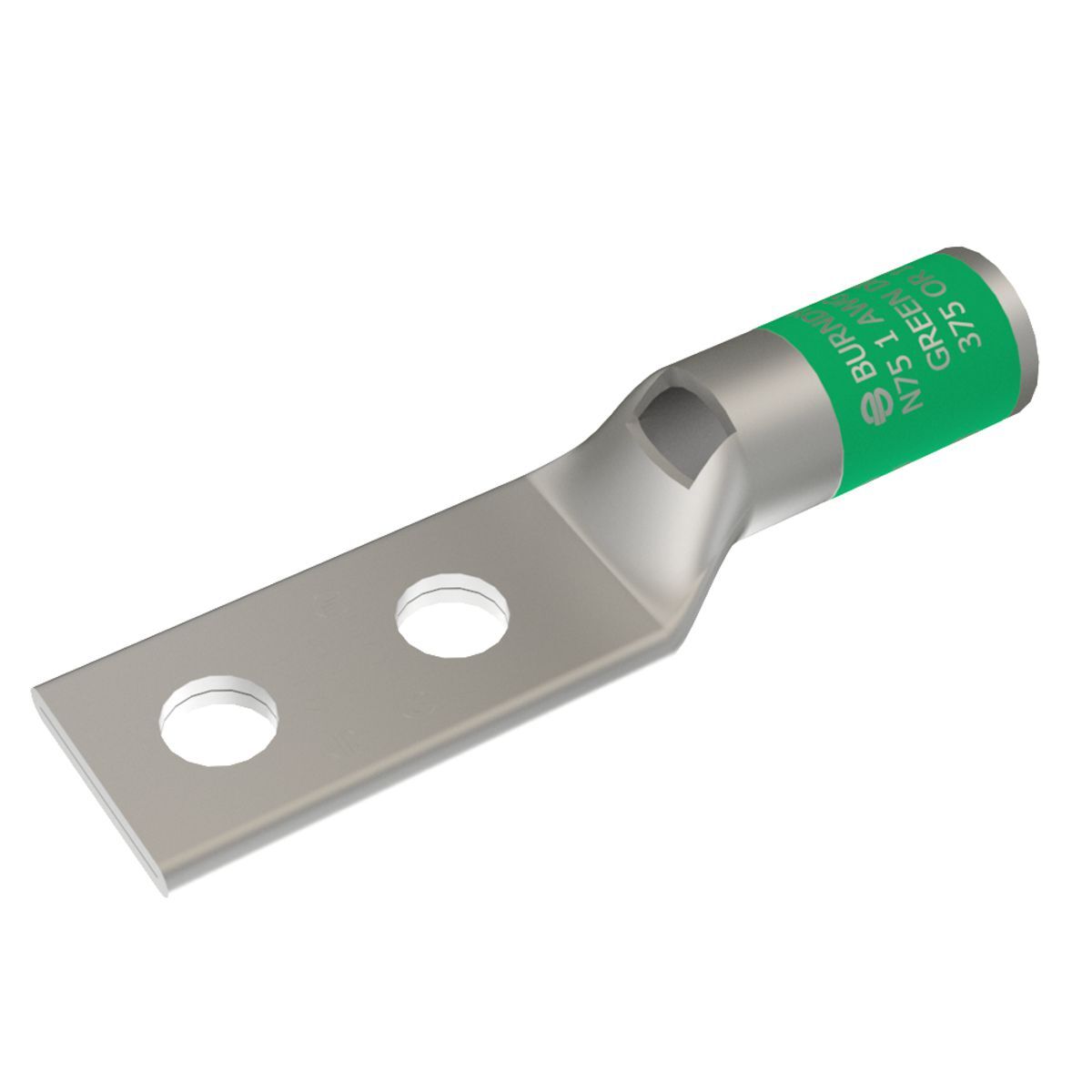 1 AWG CU, Two Hole, 1/4 Stud Size, 5/8 Hole Spacing, Standard Barrel, Inspection Window, Internal Chamfer, Tin Plated, UL/CSA, 90?C, Up to 35kV, Green Color Code, 11 or 375 Die Index.