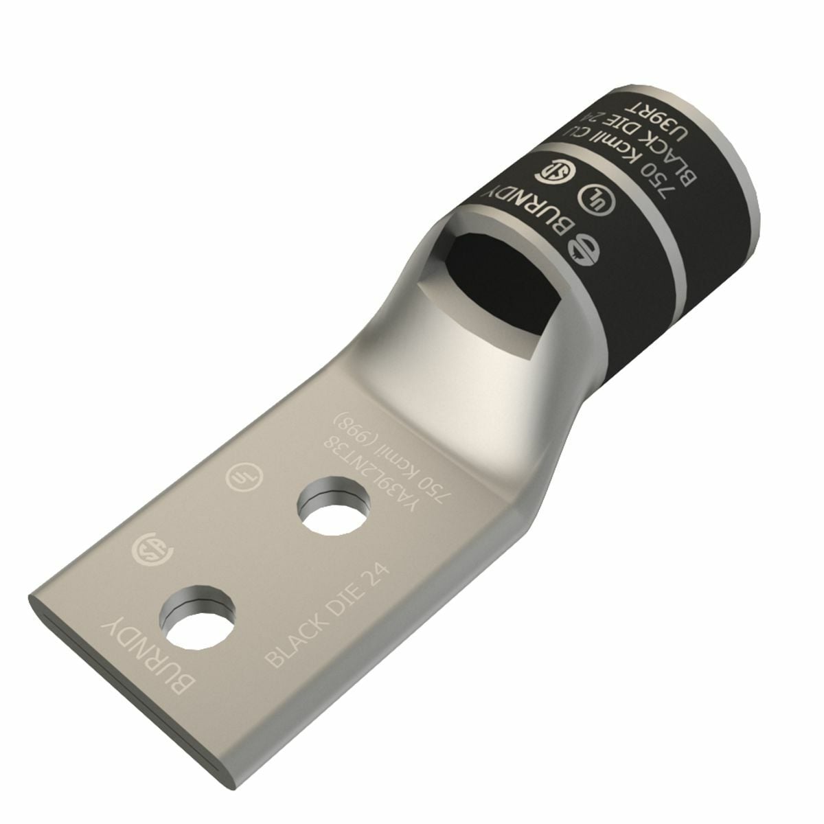 750 kcmil CU, Two Hole, 3/8 Stud Size, 1 Hole Spacing, Standard Barrel, Inspection Window, Narrow Tongue Internal Chamfer, Tin Plated, UL/CSA, 90?C, Up to 35kV, Black Color Code, 24 Die Index.