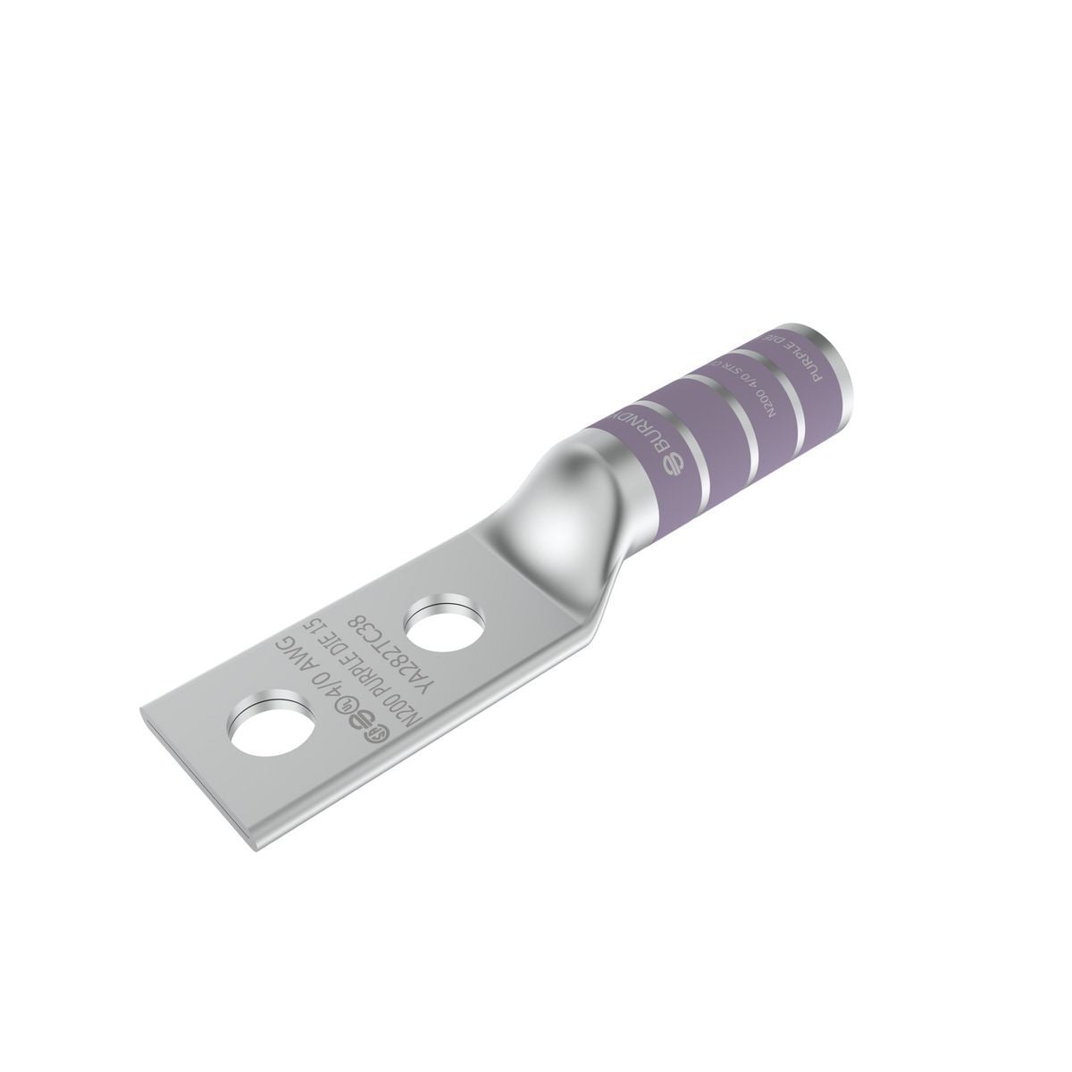 4/0 AWG CU, Two Hole, 1/2 Stud Size, 1-3/4 Hole Spacing, Long Barrel Internal Chamfer, Tin Plated, UL/CSA, 90?C, Up to 35kV, Purple Color Code, 15 Die Index.