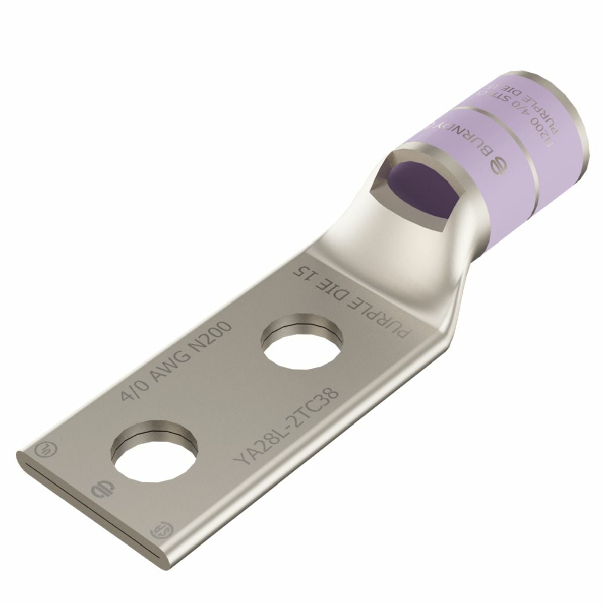 4/0 AWG CU, Two Hole, 3/8 Stud Size, 1 Hole Spacing, Standard Barrel, Inspection Window, Internal Chamfer, Tin Plated, UL/CSA, 90?C, Up to 35kV, Purple Color Code, 15 Die Index.