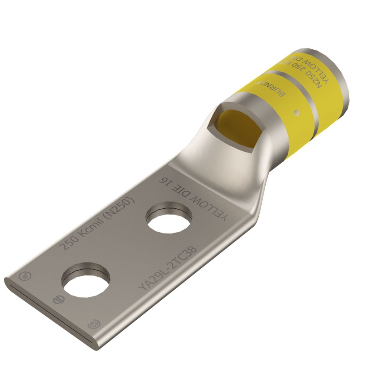 250 kcmil CU, Two Hole, 3/8 Stud Size, 1 Hole Spacing, Standard Barrel, Inspection Window, Internal Chamfer, Tin Plated, UL/CSA, 90?C, Up to 35kV, Yellow Color Code, 16 Die Index.