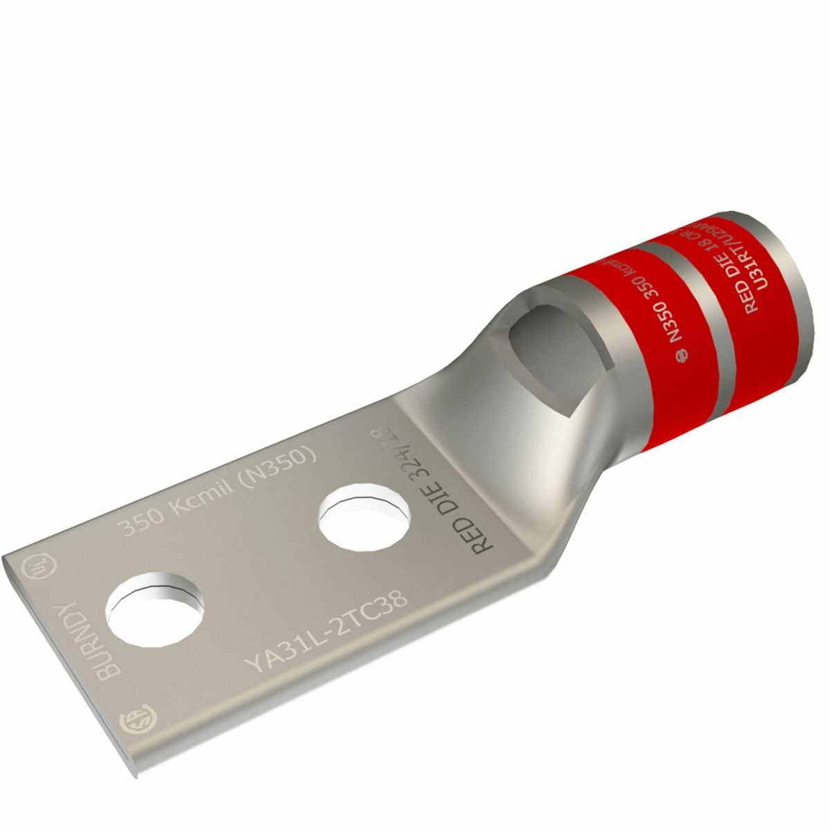 350 kcmil CU, Two Hole, 3/8 Stud Size, 1 Hole Spacing, Standard Barrel, Inspection Window, Internal Chamfer, Tin Plated, UL/CSA, 90?C, Up to 35kV, Red Color Code, 18 or 324 Die Index.