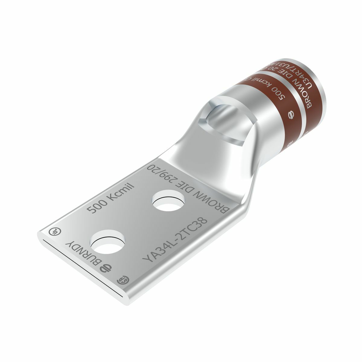 500 kcmil CU, Two Hole, 3/8 Stud Size, 1 Hole Spacing, Standard Barrel, Inspection Window, Internal Chamfer, Tin Plated, UL/CSA, 90?C, Up to 35kV, Brown Color Code, 20 or 299 Die Index.