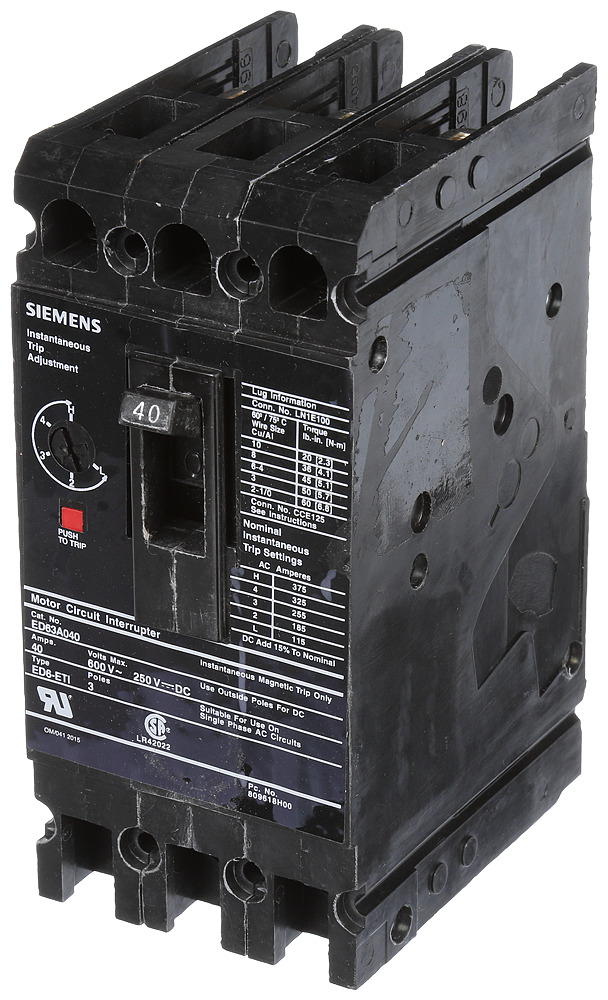  LOW VOLTAGE SENTRON MOLDED CASE CIRCUIT BREAKER WITH MAGNETIC TRIP ONLYUNIT. STANDARD RANGE ETI BREAKER ED FRAME WITH STAND ARDBREAKING CAPACITY. MEETS UL 489 / IEC 60947-2 STANDARDS. 40A 3-POLEBREAKER (18KAIC AT 600V) (25KAIC AT 480V). SPECIAL FEATURES LOAD LUGSONLY (LN1E100) WIRE RANGE 10 - 1/0AWG (CU/AL). DIMENSIONS (W x H x D)IN 3 x 6.35 x 3.92.__________________________________ ______________________________________