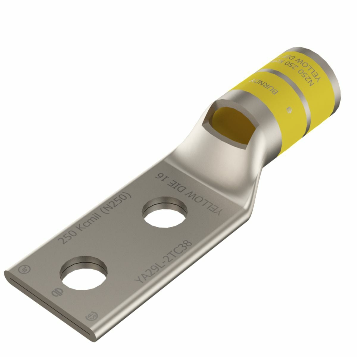 250 kcmil CU, Two Hole, 1/2 Stud Size, 1-3/4 Hole Spacing, Standard Barrel, Inspection Window, Internal Chamfer, Tin Plated, UL/CSA, 90?C, Up to 35kV, Yellow Color Code, 16 Die Index.