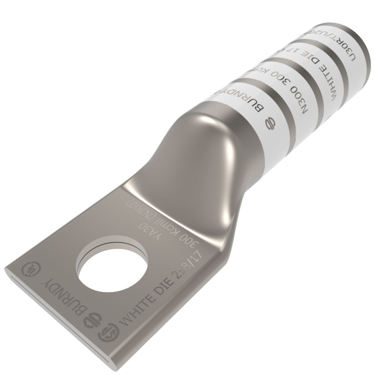 300 kcmil CU, One Hole, 1/2 Stud Size, Long Barrel, Internal Chamfer, Tin Plated, UL/CSA, 90?C, Up to 35kV,WHITE Color Code, 17 or 298 Die Index.