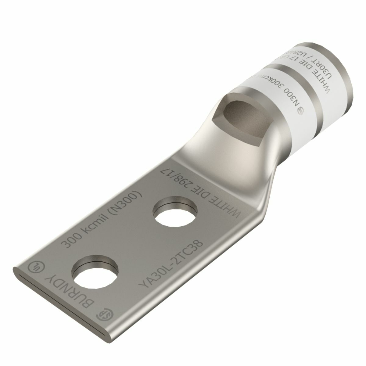 300 kcmil CU, Two Hole, 1/2 Stud Size, 1-3/4 Hole Spacing, Standard Barrel, Inspection Window, Internal Chamfer, Tin Plated, UL/CSA, 90?C, Up to 35kV, White Color Code, 17 or 298 Die Index.