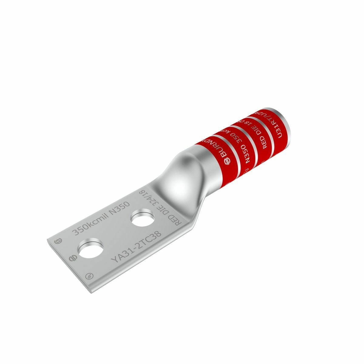 350 kcmil CU, Two Hole, 1/2 Stud Size, 1-3/4 Hole Spacing, Long Barrel Internal Chamfer, Tin Plated, UL/CSA, 90?C, Up to 35kV, Red Color Code, 18 or 324 Die Index.