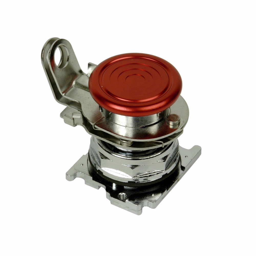 Eaton 10250T pushbutton operator, 10250T series, Mushroom head, Red, Plastic, Chrome, NEMA 3, 3R, 4, 4X, 12, 13, Non-illuminated, Latched by padlockable attachment in down position (spring loaded), NEMA 3, 3R, 4, 4X, 12, 13