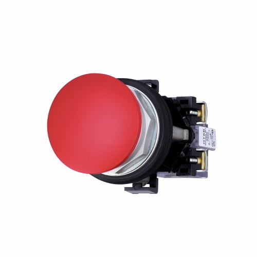 Eaton HT800 pushbutton, 30.5 mm, Watertight/Oiltight-HT800, Pushbutton, 40 mm, NEMA 1, 2, 3, 3R, 4, 4X, 12, Non-illuminated, Momentary, Red actuator, Mushroom , 1NO-1NC, Chrome bezel, Plastic