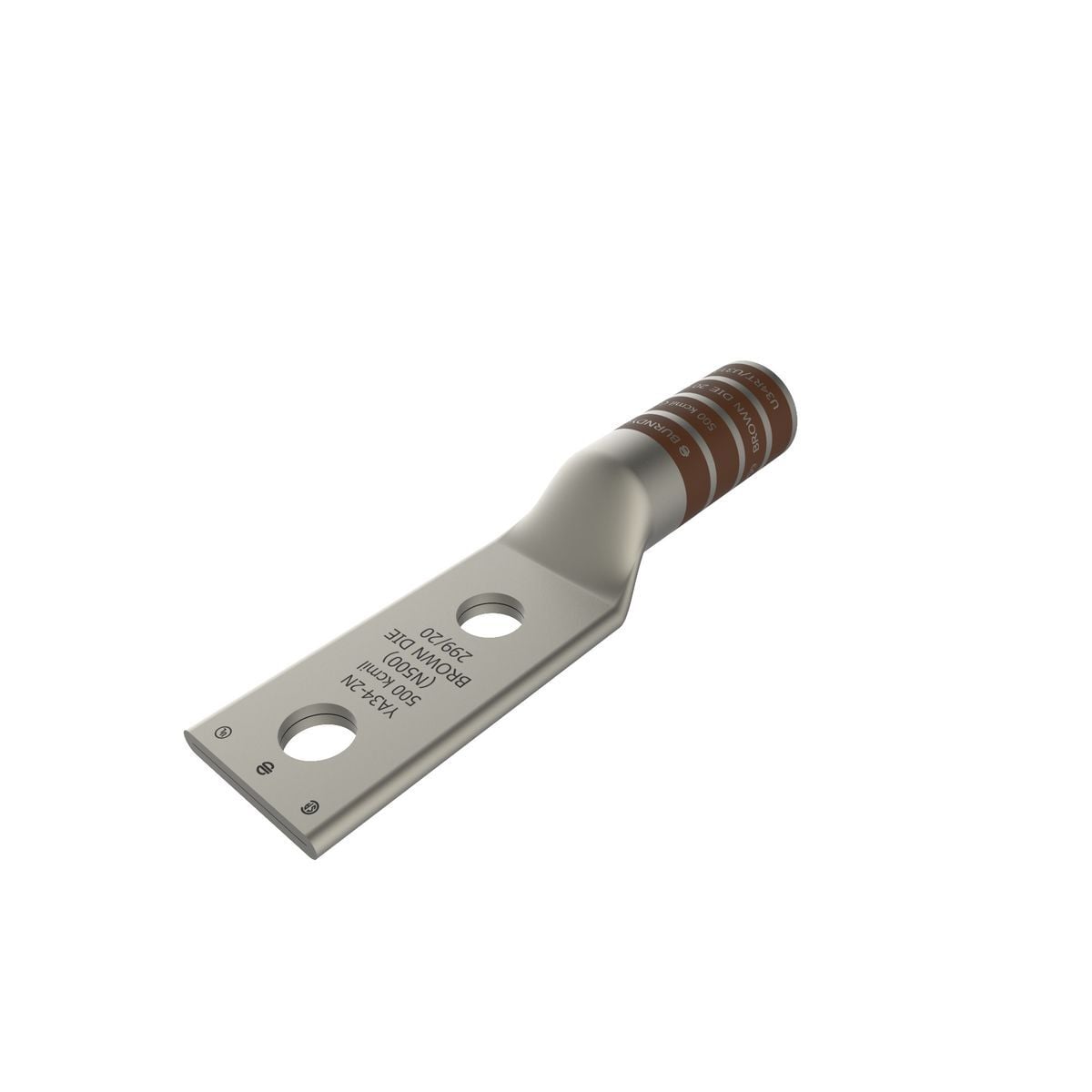 500 kcmil CU, Two Hole, 1/2 Stud Size, 1-3/4 Hole Spacing, Long Barrel Internal Chamfer, Tin Plated, UL/CSA, 90?C, Up to 35kV, Brown Color Code, 20 or 299 Die Index.