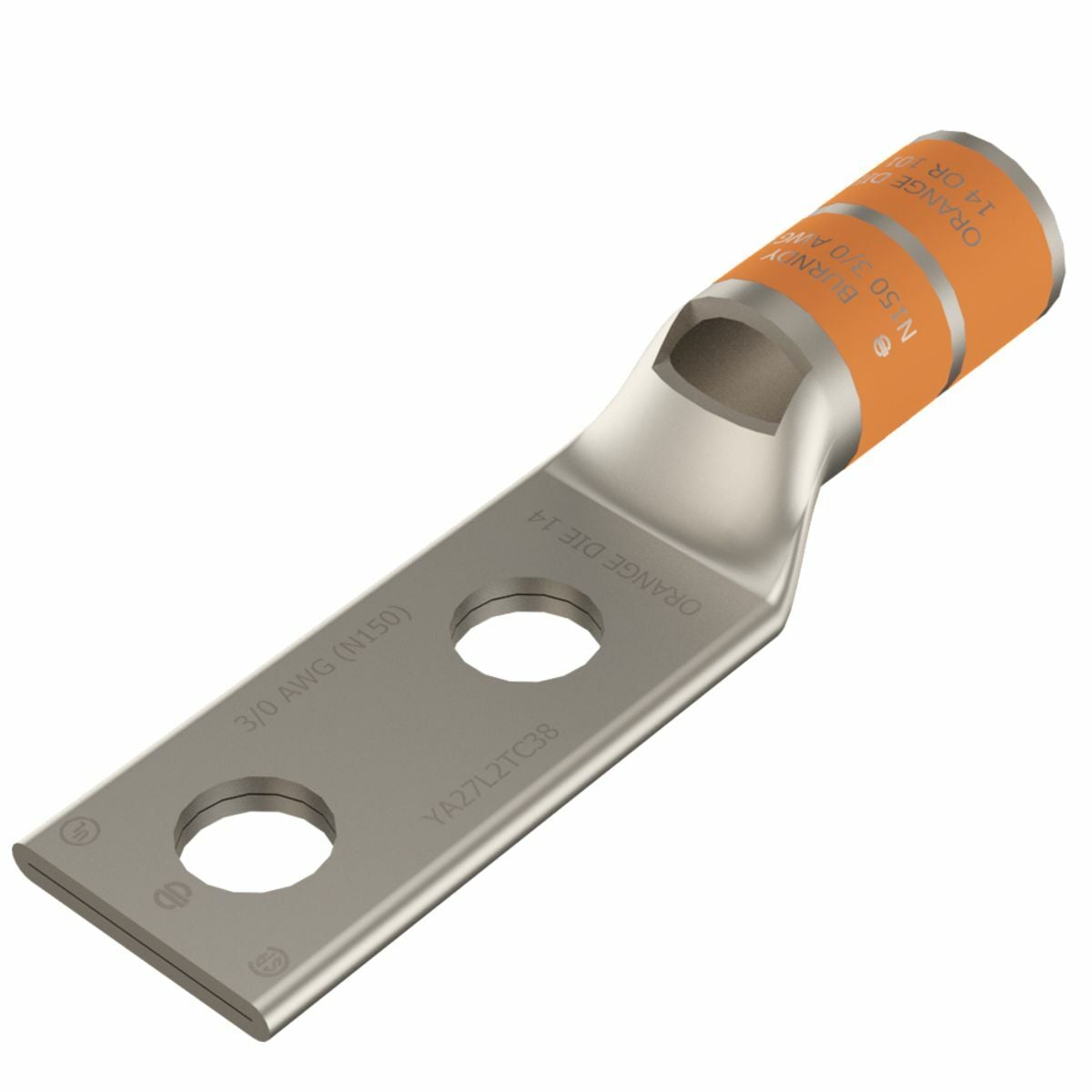 3/0 AWG CU, Two Hole, 3/8 Stud Size, 1 Hole Spacing, Standard Barrel, Inspection Window, Internal Chamfer, Tin Plated, UL/CSA, 90?C, Up to 35kV, Orange Color Code, 14 Die Index.