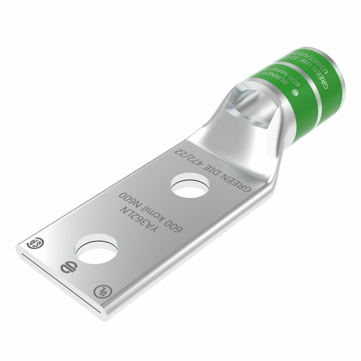 600 kcmil CU, Two Hole, 1/2 Stud Size, 1-3/4 Hole Spacing, Standard Barrel, Inspection Window, Internal Chamfer, Tin Plated, UL/CSA, 90?C, Up to 35kV, Green Color Code, 22 or 472 Die Index.